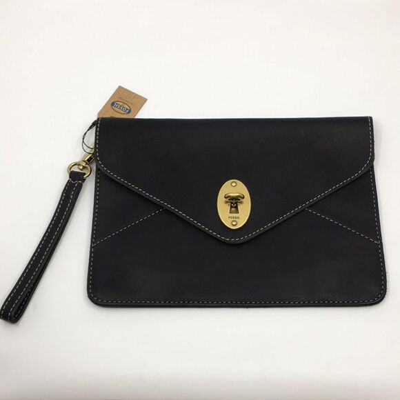 NWT Fossil Austin Clutch Black Leather Brass Hardware Removeavke Wristlet Strap - Picture 1 of 17